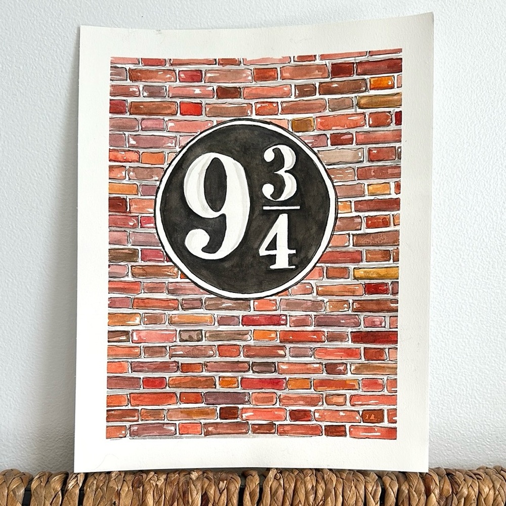 Platform 9 3/4 Brick Wall Art 11x14” Original Watercolor Painting Nursery Decor